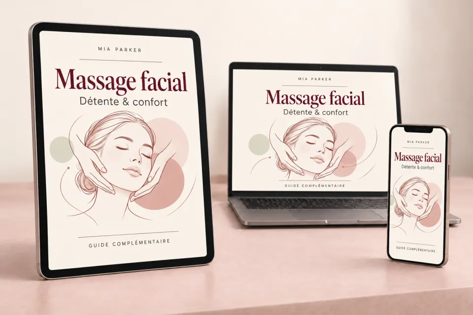 Mockup du guide : Le massage facial, un moment de détente sur tablette, ordinateur et téléphone