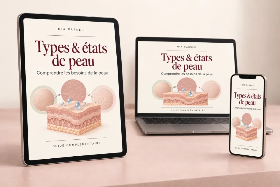 Mockup du guide : Comprendre les types et les états de peau sur tablette, ordinateur et téléphone