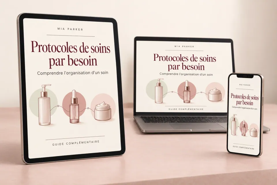 Mockup du guide : Protocoles de soins par besoin sur tablette, ordinateur et téléphone