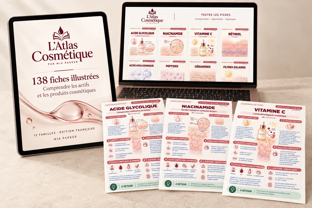 L’Atlas Cosmétique sur tablette et ordinateur, accompagné de trois fiches
