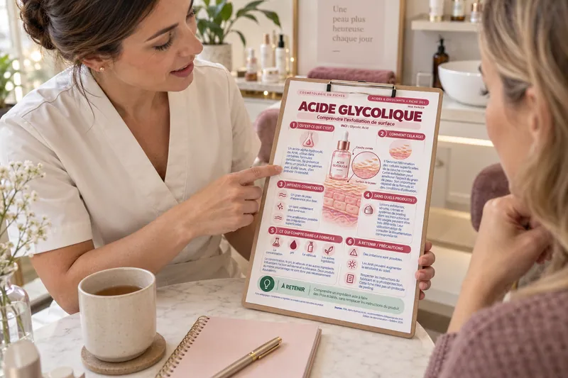 Mise en situation : une professionnelle explique la fiche imprimée Acide glycolique à une cliente.