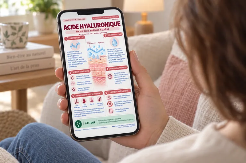 Mise en situation : lecture de la fiche Acide hyaluronique sur un téléphone, dans un salon.