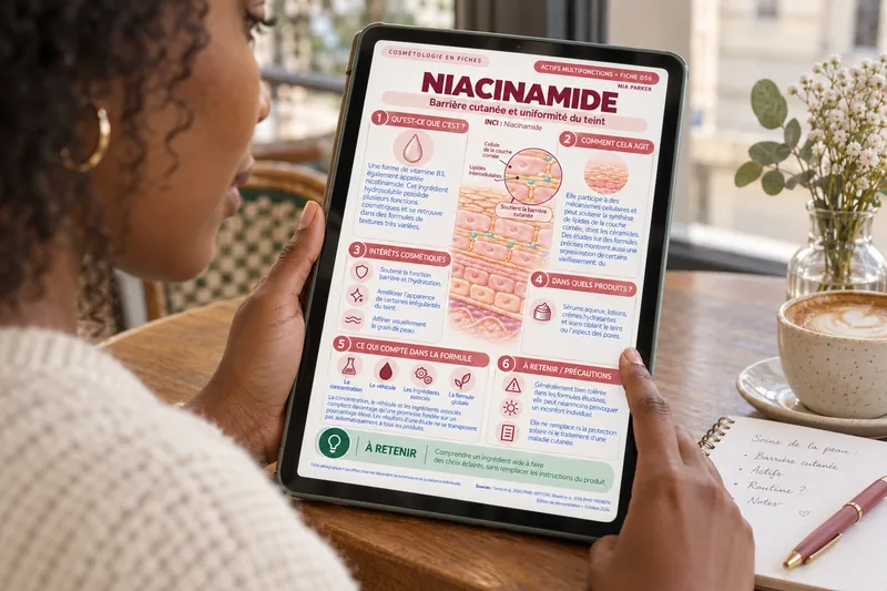 Mise en situation : consultation de la fiche Niacinamide sur une tablette, dans un café lumineux.